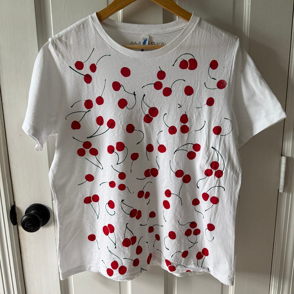 Marushka Hand Printed Cherry T Shirt White 100% Cotton Women’s L